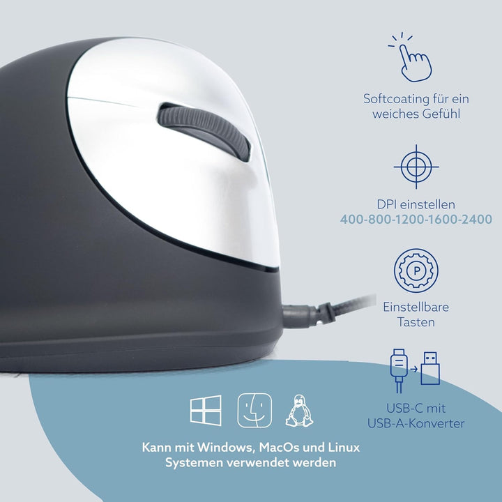 R-Go HE Ergonomische Maus, Für grosse Hand, Mit Break-Software, Stilles Klicken, (USB C Kabelkabelge