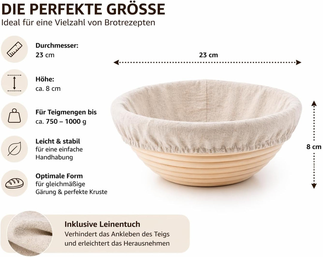 Gärkörbchen rund 23 cm aus Rattan mit Leinentuch – Brotgärkorb Banneton für Sauerteig & Hefeteig – p
