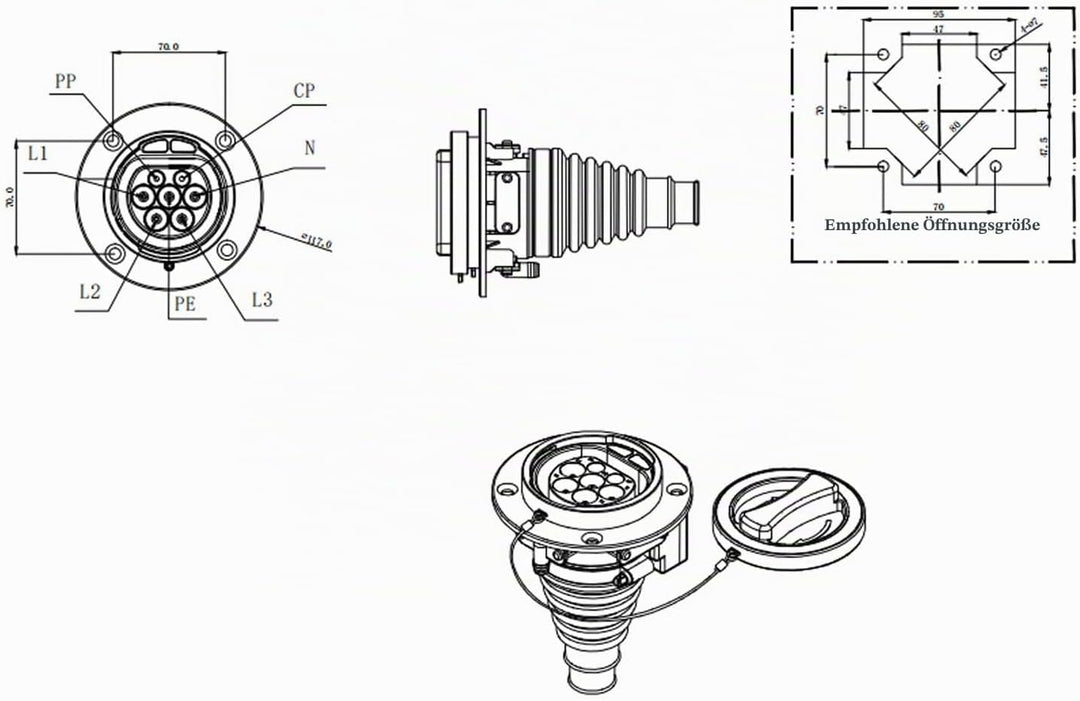 Typ 2 EV-Ladesteckdose New Energy Vehicles Ladesteckdose Typ 2 Dreiphasig 480 V 16 A 32 A Universal