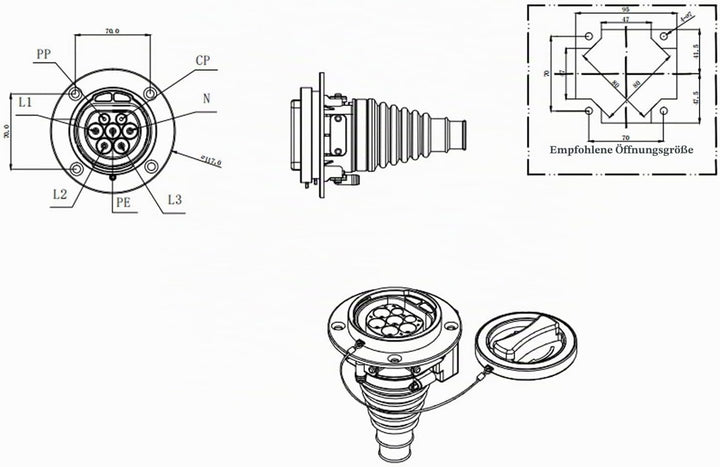 Typ 2 EV-Ladesteckdose New Energy Vehicles Ladesteckdose Typ 2 Dreiphasig 480 V 16 A 32 A Universal