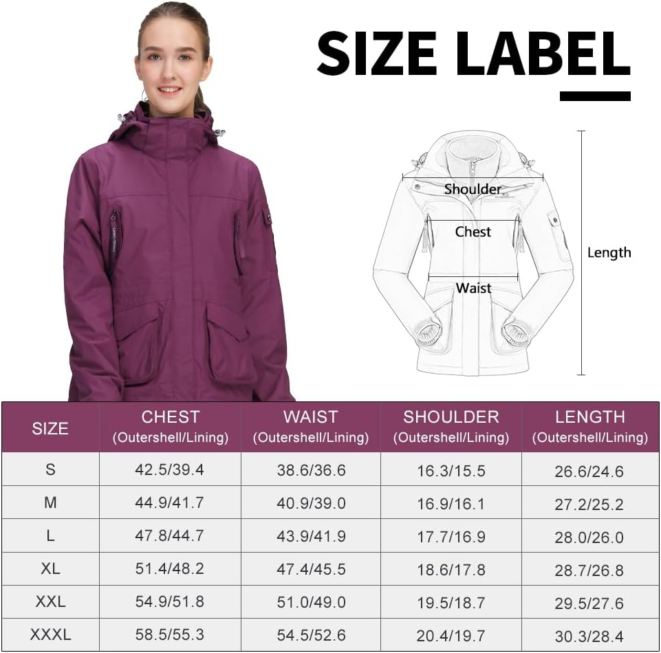 OutPro Damen 3-in-1-Skijacke wasserdicht winddicht Winterjacke Outdoor Wandern mit Fleece gefüttert