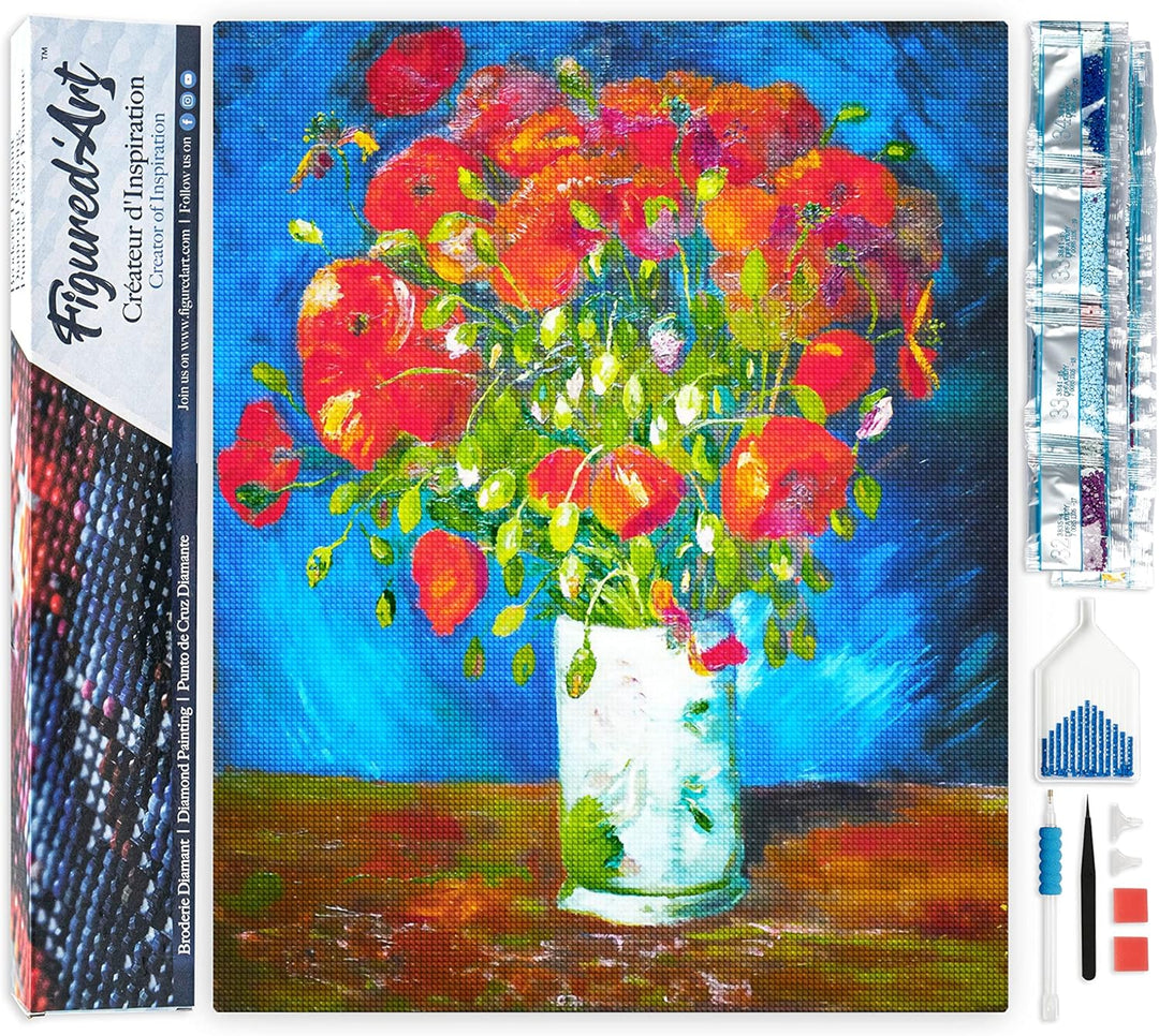 Figured'Art Diamond Painting Erwachsene 40x50cm Ganze Leinwand gerollt Vase mit rotem Klatschmohn Va