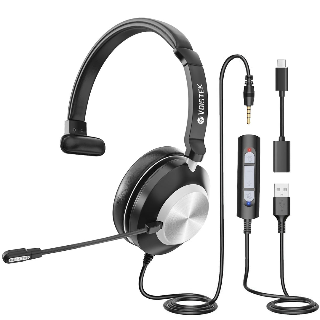 Headset mit Mikrofon (Single-Ear) USB/3,5mm/USB-C | Büro Headsets mit Noise Cancelling für Call Cent