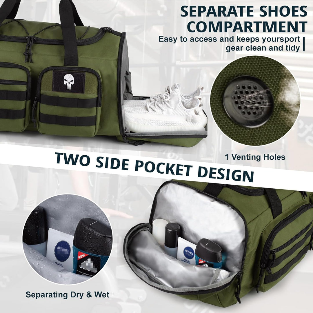 Taktische Sporttasche für Herren, 50L Grosse 3-in-1-Sport-Reisetasche mit Schuhfach, Wasserabweisend