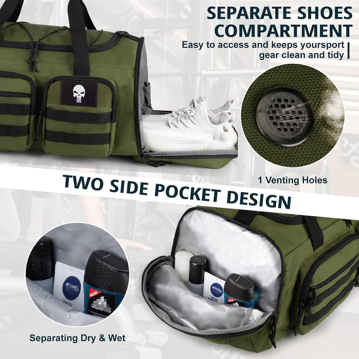 Taktische Sporttasche für Herren, 50L Grosse 3-in-1-Sport-Reisetasche mit Schuhfach, Wasserabweisend