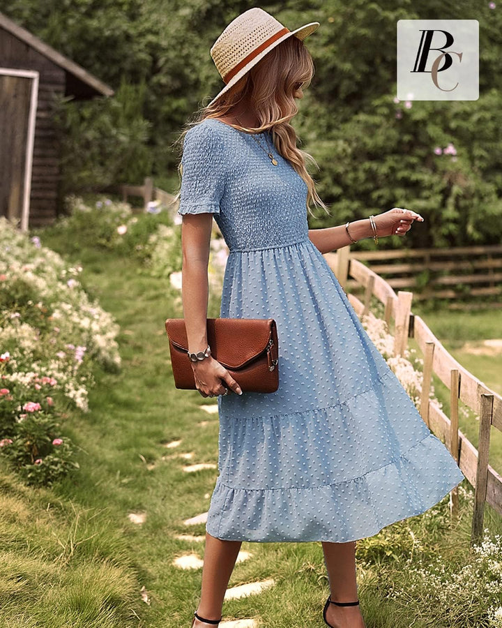 BebreezChic Damen Sommerkleid Rundhals Kurzarm Puffärmel Gerüschter Gerafftes Freizeitkleid mit Hohe