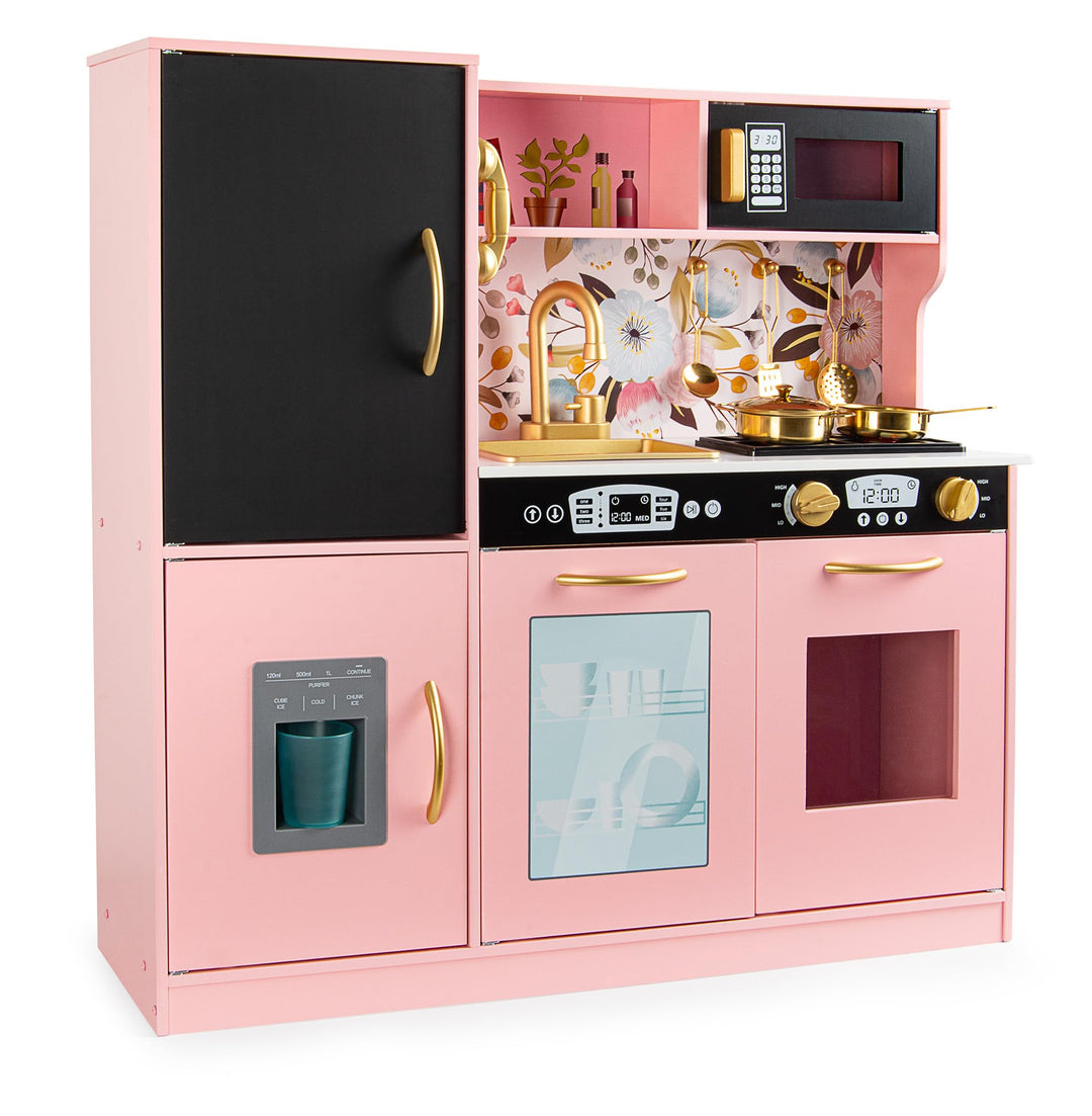 Leomark Kinderküche aus Holz Memo Rosa Spielküche mit goldenen Accessoires Holzküche für Kinder Spie