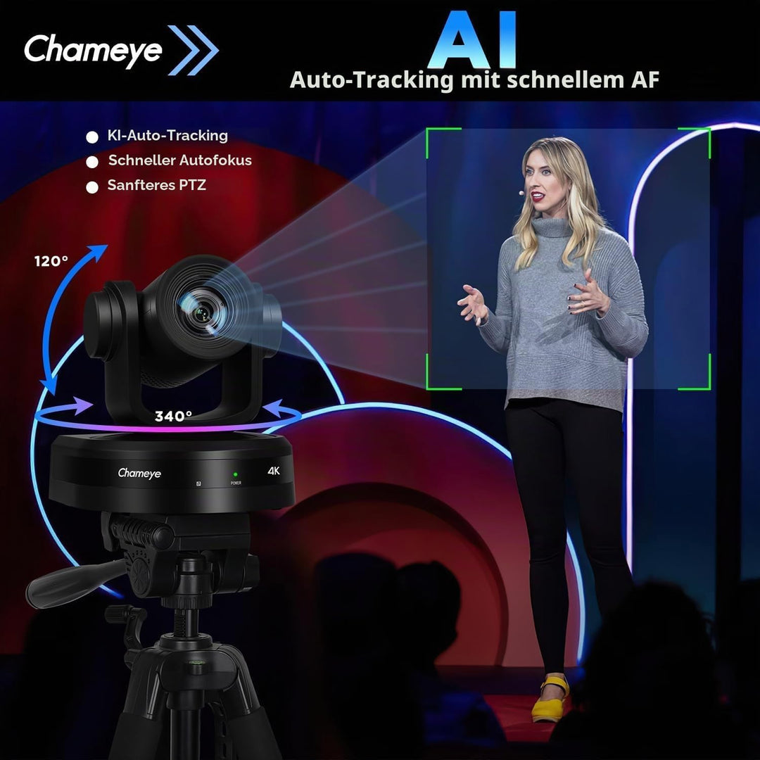 Chameye 4K PTZ Kamera mit KI-Auto-Tracking 10x Optischer Zoom, Konferenzkamera 4K mit HDMI, LAN(PoE)