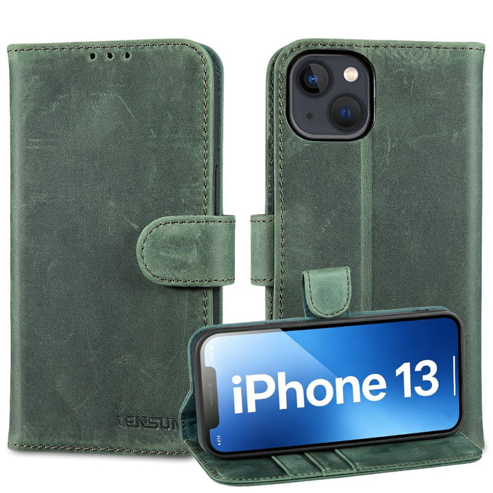 LENSUN Lederhülle für iPhone 13, Echtleder Handyhülle [Wallet Fach][RFID Schutz][Echtes Leder] Hülle