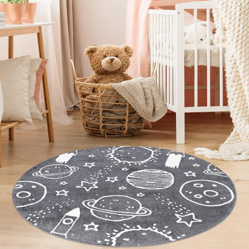 payé Teppich Kinderzimmer - Grau - 160x160cm - Galaxy Unviersum Weltall Stern Rakete Spielteppich Ki