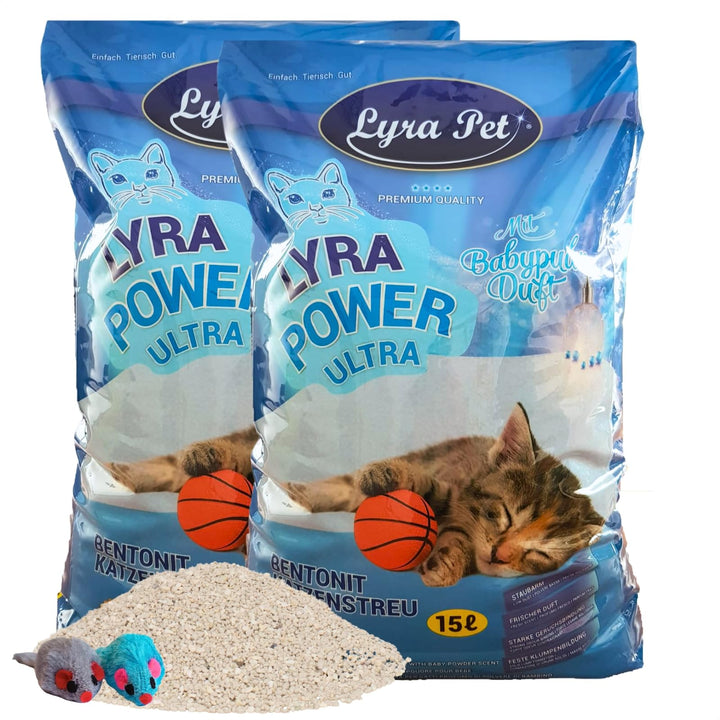Lyra Pet® | 30 Liter Lyra Power Ultra Excellent Katzenstreu + 2 Spielmäuse | Mit Babypuder Duft | Kl