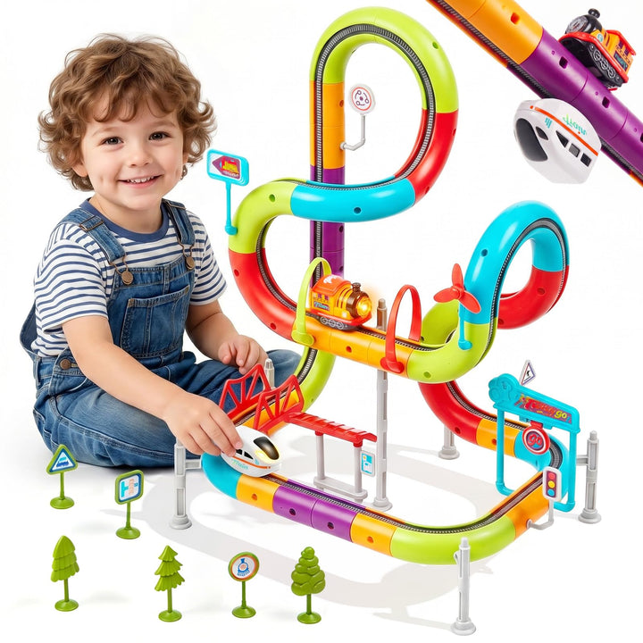 Gleamkid Eisenbahn Elektrisch Set, 73Pcs DIY Electric Train Set Einsteiger-Set (73 Pcs), Einsteiger-