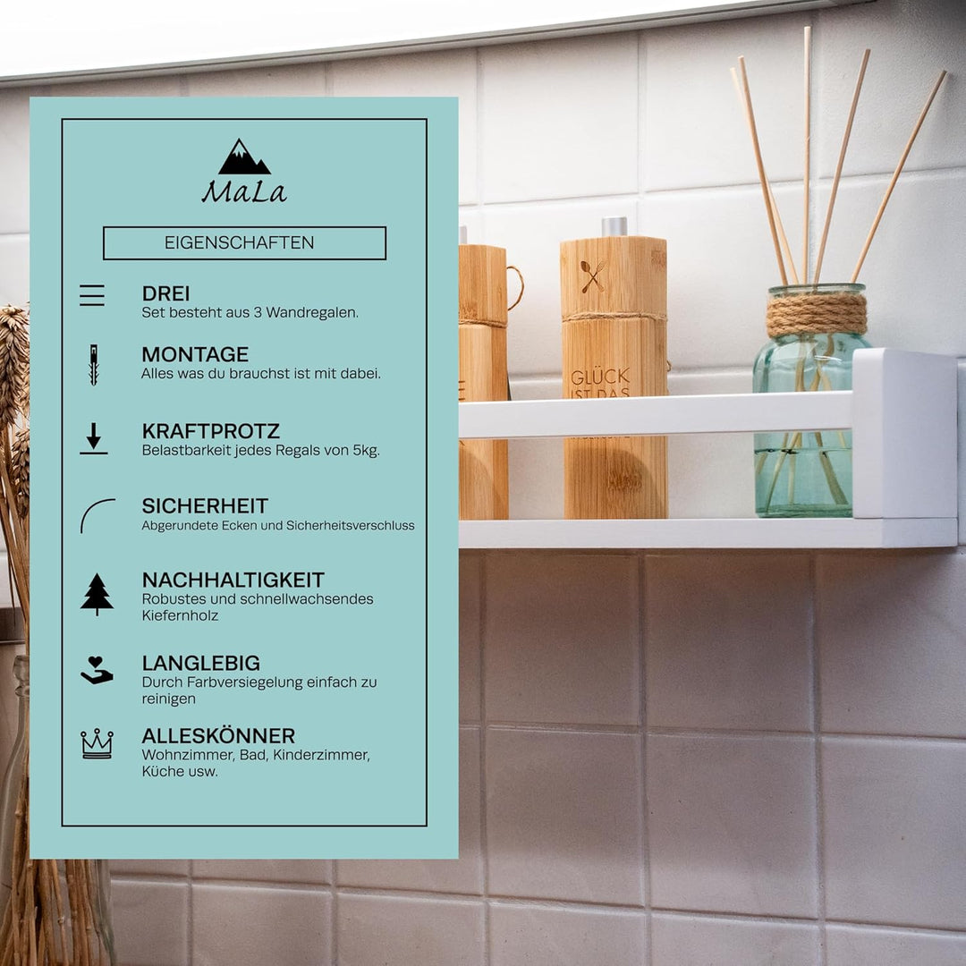 MaLa - 3er Set weisse Bücherregale aus Massivholz – Schweberegal Kinderzimmer Badezimmer Küche Wohnu