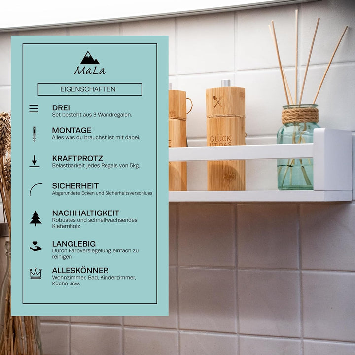 MaLa - 3er Set weisse Bücherregale aus Massivholz – Schweberegal Kinderzimmer Badezimmer Küche Wohnu