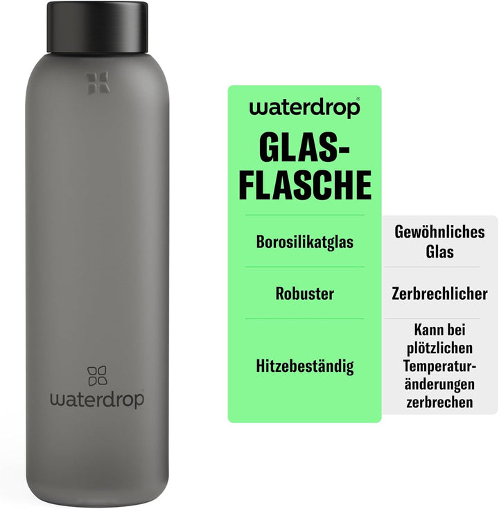 Waterdrop® Edition Glass Bottle 600ml Trinkflasche Glas auslaufsicher, Kohlensäure geeignet | BPA fr