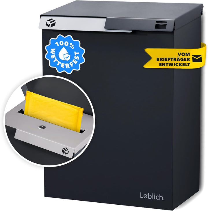 Briefkasten RAL 7021 Schwarz-grau | Vom Briefträger entwickelter XL-Wandbriefkasten für Päckchen & P