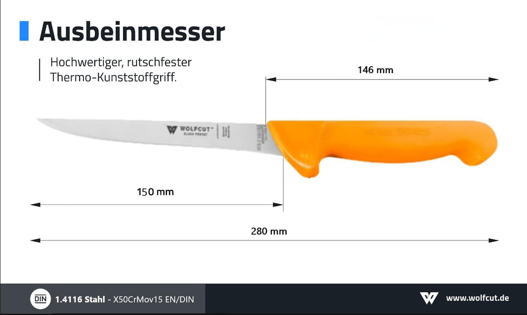Wolfcut Gold Serie - Metzgermesser-Set 2-tlg. - Ausbeinmesser gebogene flex 15 cm Klinge und gerade