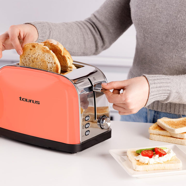 Taurus Retro Design II Toaster, Koralle, 950 W, 2 Schlitze 135 x 35 mm, 7 Stufen, 3 Funktionen, Gehä