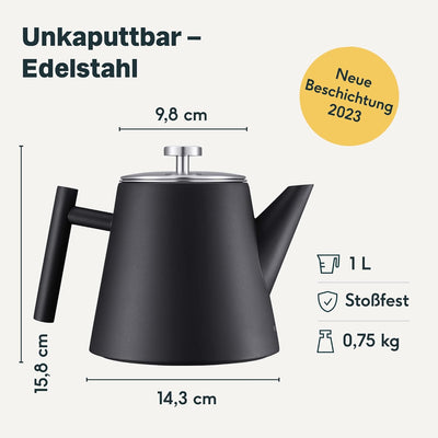 SILBERTHAL Teekanne mit Siebeinsatz 1l - Edelstahl Doppelwandig - Schwarz - Version