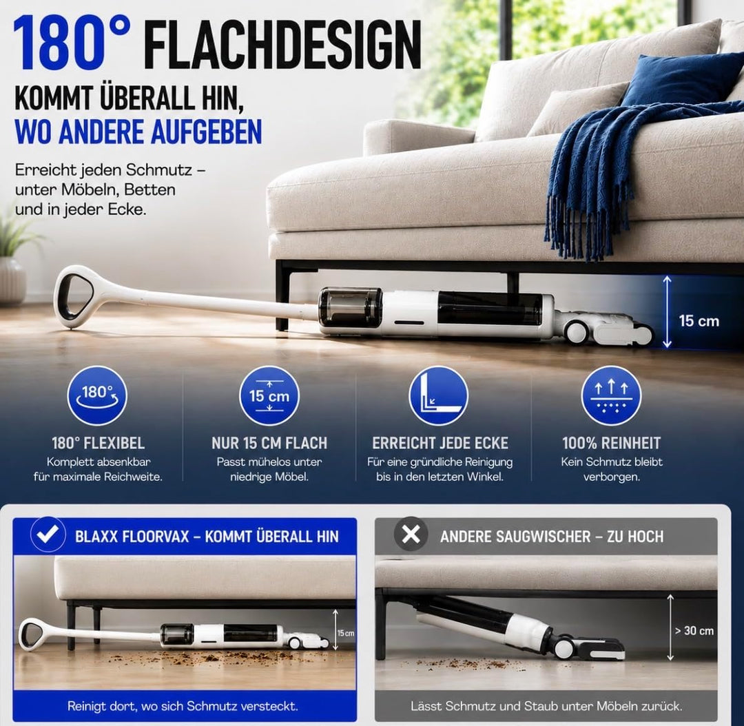 BLAXX Nass Trockensauger FloorVaX | Kabelloser Staubsauger mit Wischfunktion | 180° Lay-Flat | Selbs
