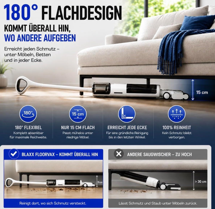 BLAXX Nass Trockensauger FloorVaX | Kabelloser Staubsauger mit Wischfunktion | 180° Lay-Flat | Selbs