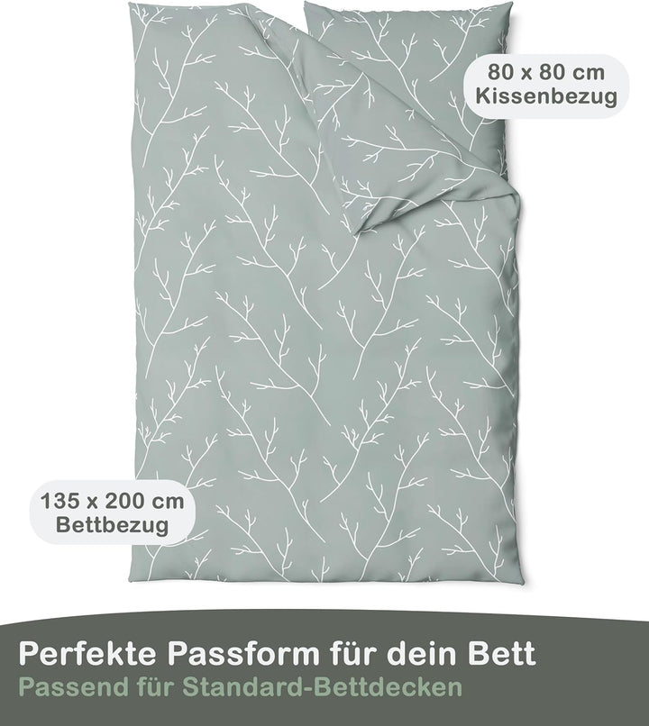 LINKHOFF Bettwäsche 135x200-100% Baumwolle + 80x80cm 2tl. Zweigemuster in Grün/Weiss Bettwäsche Äste