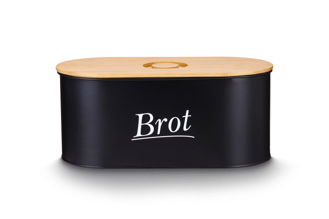 Brotkasten aus Metall mit multifunktionalem Bambusdeckel & Luftlöchern - Brotbox Schwarz für lange F