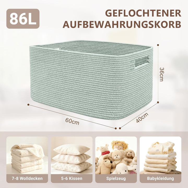 86L grosser Wäschekorb geflochten mit Henkeln, Efeugrün | Aufbewahrungskorb aus Baumwollseil für Dec