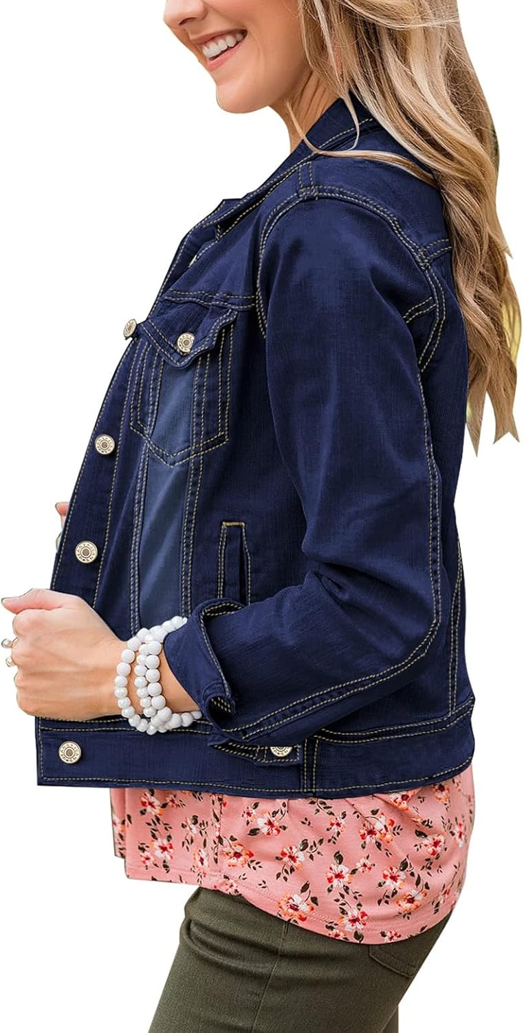 Roskiky Jeansjacken Damen Jean Stretchy Langarm Trucker Jacke mit Tasche M Blau, M Blau