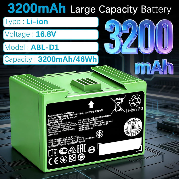 3200mAh Akku für iRobot Roomba i, j und e Serie – Ersatzbatterie ABL-D1, Kompatibel mit i7 i7+ j7 j7