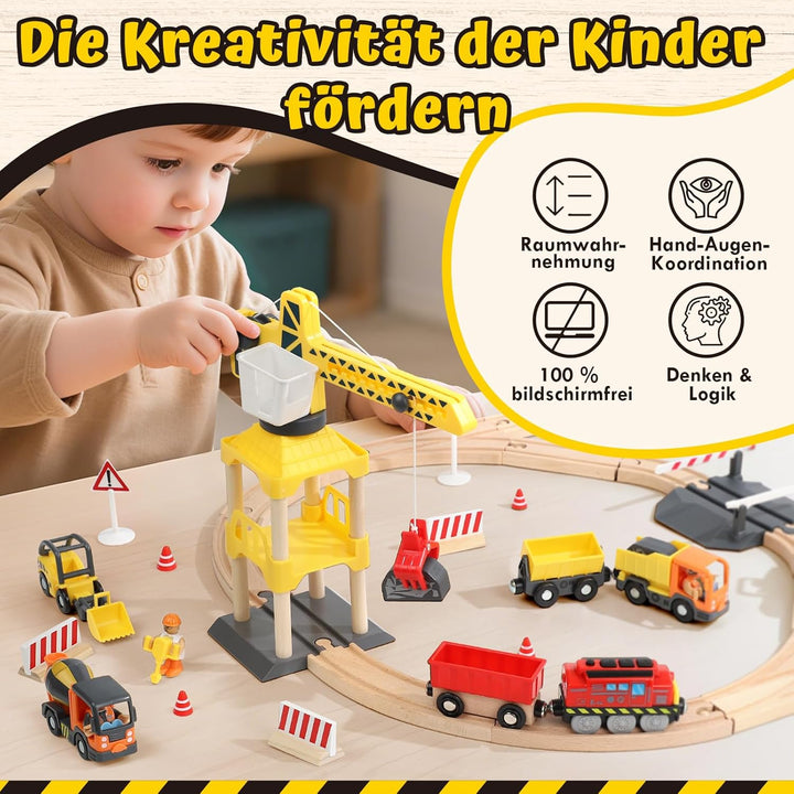 Lehoo Castle Holzeisenbahn, 68 Pcs Eisenbahn Holz mit Kran Spielzeug, Eisenbahn Kinder Elektrisch, B