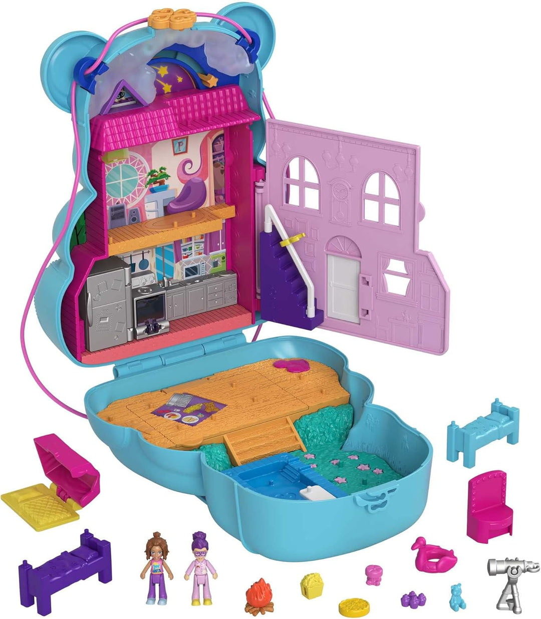 Polly Pocket HGC39 - Teddy Bär Handtaschen-Spielset, Ãœbernachtungsthema Mit 2 Micro Puppen Und 16 A