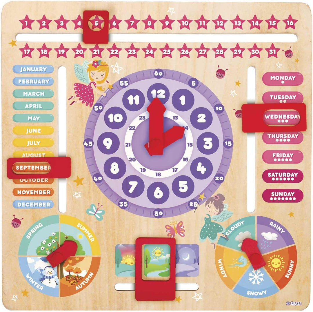 CRAZE My Learning Clock Princess ENGLISCHE SPRACHE - Lernuhr Kinder Holz, Kalenderuhr zum Lernen für