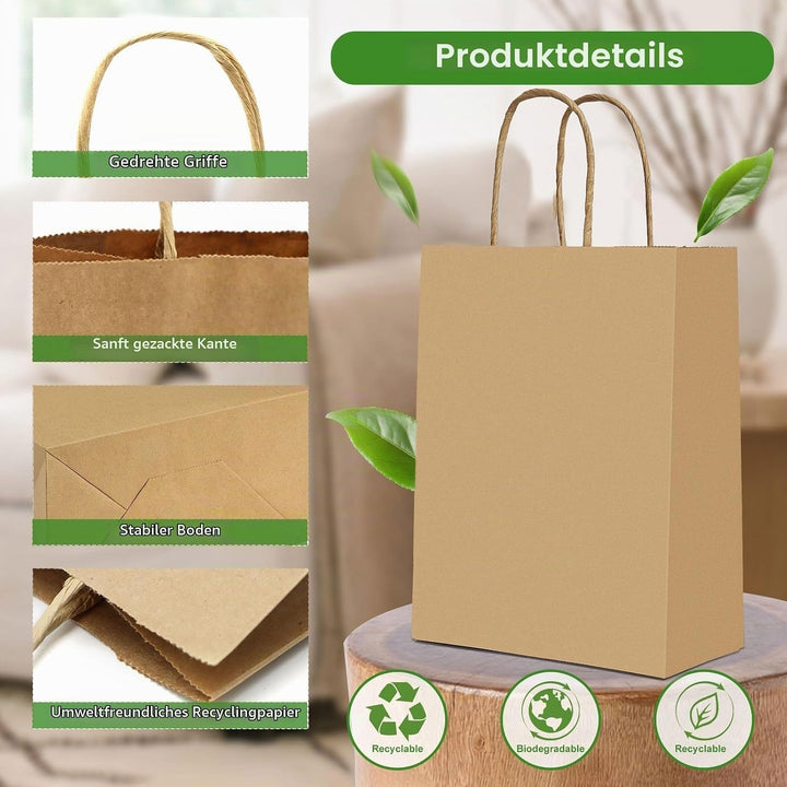 Gucass 50 Stück Gross Papiertüten mit Henkel, Braun Kraft Papiertaschen Geschenktüten, 26x12x33cm Pa