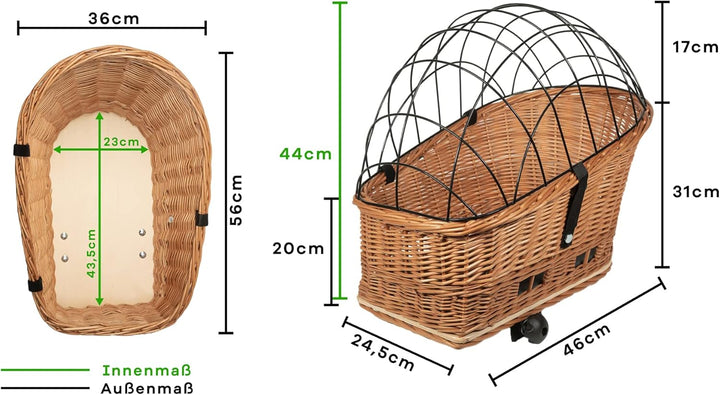 Tigana - Hundefahrradkorb für Gepäckträger aus Weide Natur 56 x 36 cm mit Metallgitter Tierkorb Hint