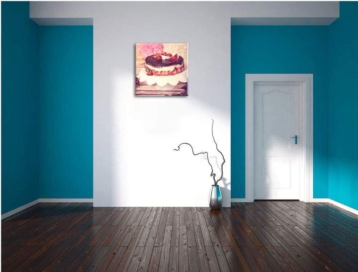 Köstliche Erdbeertorte, Format: 70x70 auf Leinwand, XXL riesige Bilder fertig gerahmt mit Keilrahmen