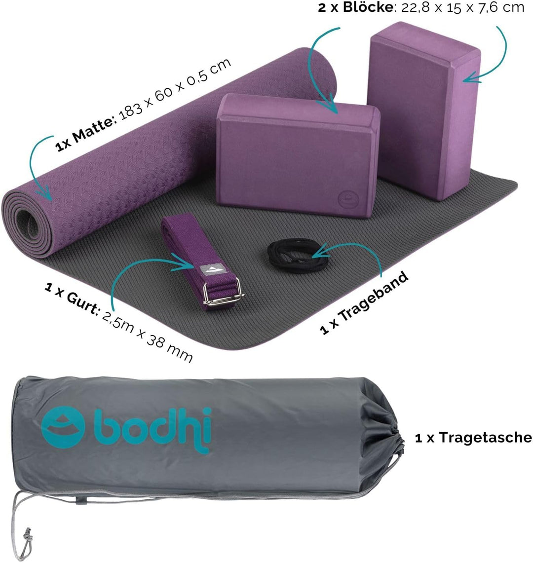 Bodhi Yoga Starter-Set Komplett | Set bestehend aus: 1 Yogamatte aus TPE, 2 Yoga-Bricks aus Eva (Moo