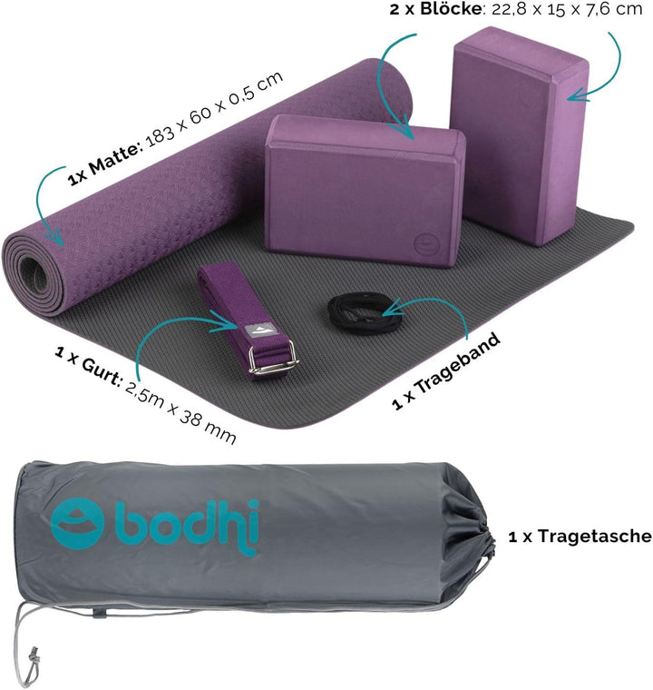 Bodhi Yoga Starter-Set Komplett | Set bestehend aus: 1 Yogamatte aus TPE, 2 Yoga-Bricks aus Eva (Moo