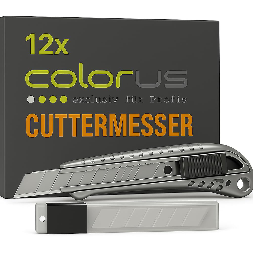12 x Premium Colorus Alu Druckguss Cuttermesser 18mm inklusive 10 x Abbrechklingen | Teppichmesser k