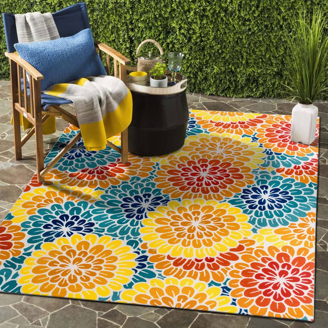 DECOMALL Sunshine Outdoor Teppich Wetterfest, Florale Teppich UV-beständig, Bunte Blumen Aussenteppi