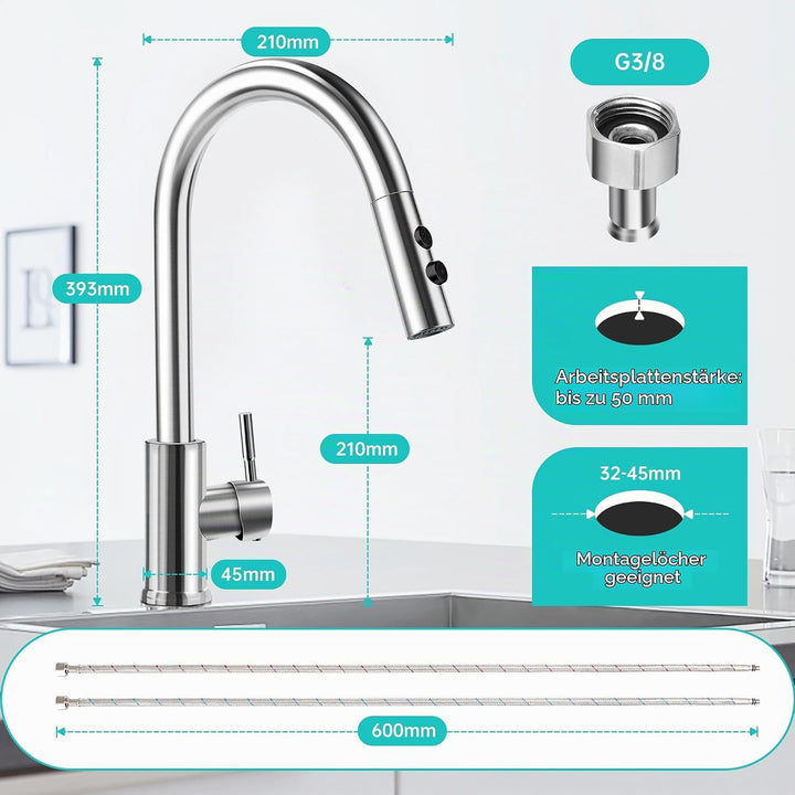 Wasserhahn Küche mit Brause 2 Modi, Armatur Hochdruck Küchenarmatur Schwarz, 360° Schwenkbar Spültis