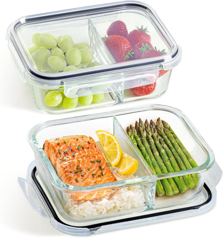 Praknu Meal Prep Boxen Glas 2 Fächer - 2er Set Glass Meal Prep Containers 1l - Luftdicht - Geeignet