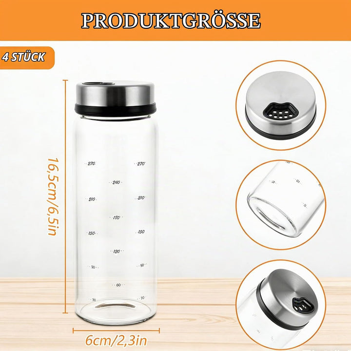 4 Stück Gewürzgläser mit Drehdeckel, 300ml Gewürzstreuer Glas, Borosilikatglas Gewürzstreuer, Salz u