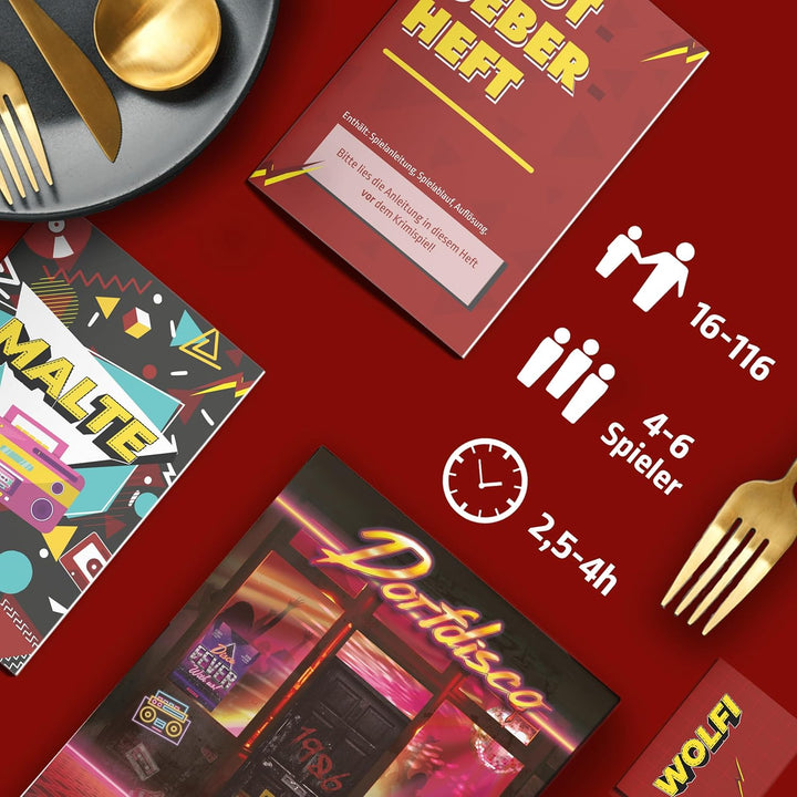 MORD bei Tisch Krimidinner für Zuhause - 4 bis 6 Personen - Der Dorfdisco Fall - Das Krimi Spiel ab