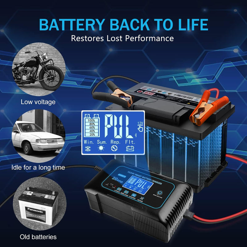 20AmpLithiumBatteryCharger，12Vand24VLifepo4，Lead-Acid(AGM/Gel/SLA。。) PortableCarBatteryCharger，Batte