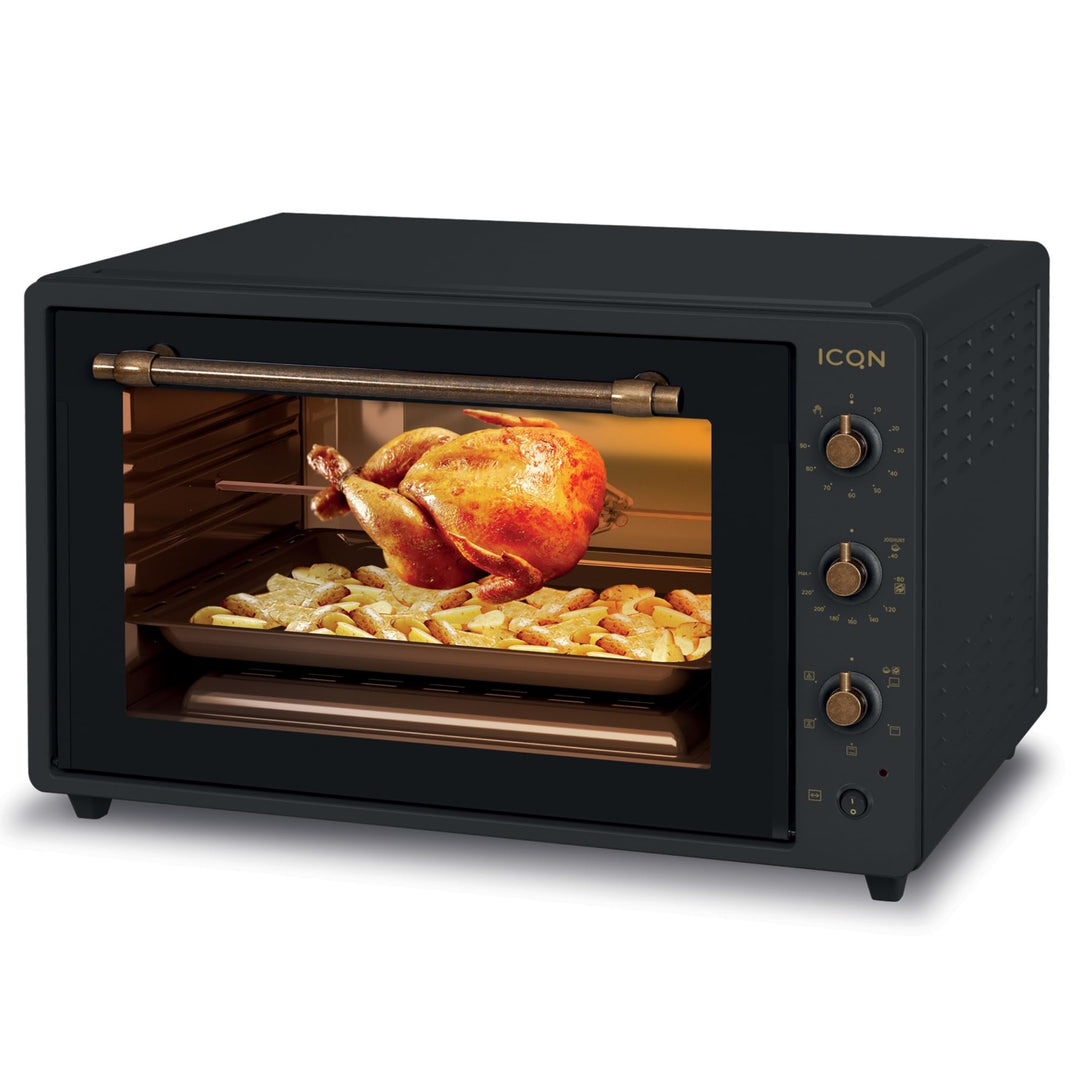 ICQN Rustik Minibackofen 60 Liter XXL mit Umluft, Drehspiess, Emailliert, Anthrazit Rustik Anthrazit