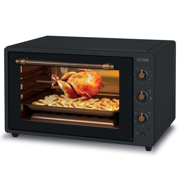 ICQN Rustik Minibackofen 60 Liter XXL mit Umluft, Drehspiess, Emailliert, Anthrazit Rustik Anthrazit