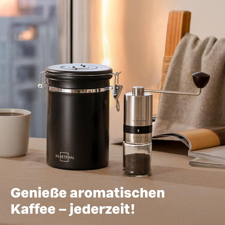 SILBERTHAL Handkaffeemühle manuell mit einstellbaren Mahlgraden & luftdichter Kaffeedose 500g aus Ed