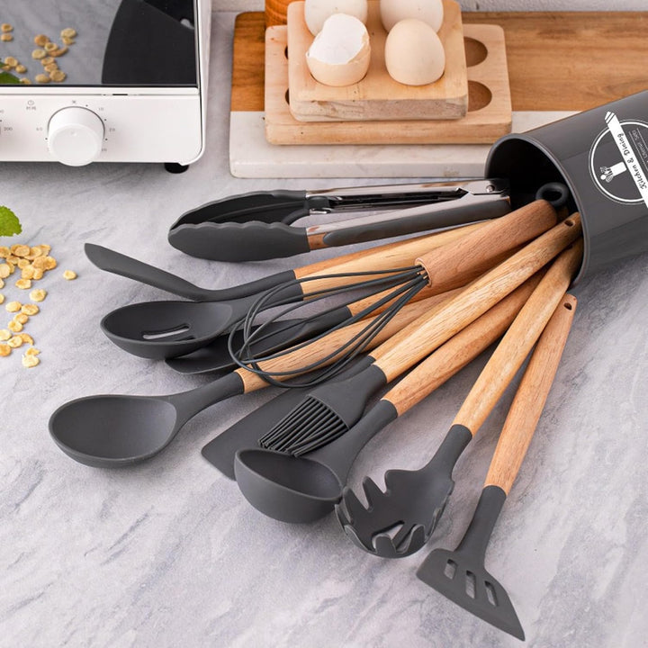 Küchenhelfer Set, 12 Stück Antihaft Hitzebeständiger Holzgriff Kochbesteck mit Utensilienhalter, Hol