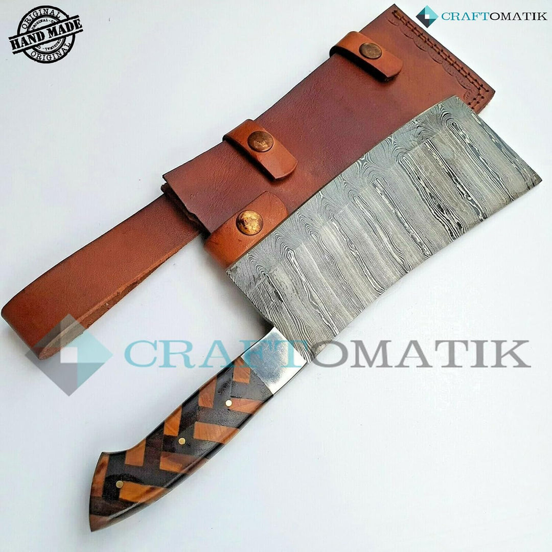 Craftomatik Damast Stahl Hackmesser | Chef Hackbeil Küchenbeil | Metzger Fleischerbeil | Olivenholz